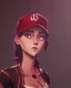 Placeholder: woman with a red baseball hat. leaning on a wooden balcony. night time. anime. studio lightining.