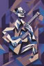 Placeholder: A captivating, cubist-inspired image of a guitarist with a cigar in his mouth, using fragmented shapes, lines, and a dark purple and blue color palette to deconstruct the subject's features and express the abstract and freeform jazz, music notes in the background that are making psychedelic patterns