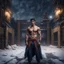 Placeholder: Hyper Realistic handsome muscular Aladdin standing bravely outside massive-dark-abandoned-factory-with-broken-windows-&-fancy-main-gate at dark snowfall night with dramatic & cinematic ambiance