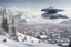 Placeholder: spaceship flying low over a snow-covered city