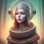 Placeholder: spray painting fantasy art, portrait blonde with metal rings on forehead, in mummy sweater, standing in portal to forest world from desert world,poetry book illustration