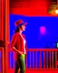 Placeholder: woman with a red baseball hat. leaning on a wooden balcony. night time. anime. studio lightining.