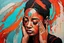 Placeholder: a painting of a woman with her eyes closed and having a headache, epic vibrant, wlop : :, raggae art, detailed heavy impasto, dazzling colors of orange and red and black, wavy cyan streak glitches, olivia pendergast influence