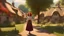 Placeholder: A photorealistic image of a red-haired, slender woman standing in a village green, surrounded by many thatched cottages, next to a large tree. Sunny day.
