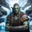 Placeholder: close up portrait of psionic ancient half elf half orc shaman thief in inviting pose on ice stone bridge, book cover