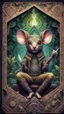 Placeholder: mandala style framed playing card illustration, close up portrait of an ace happy blessed ancient magical scaly slimy weird mouse alien mad max soldier posing for photo shoot on a throne, holding a burning sceptre, in a space alien mega structure with stairs and bridges woven into a sacred geometry knitted tapestry in the middle of lush magic jungle, bokeh like f/0.8, tilt-shift lens 8k, high detail, smooth render, down-light, unreal engine, prize winning