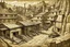 Placeholder: A sepia underground mining village with minecarts painted by Diego Rivera