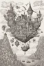 Placeholder: Intricate ink drawing of a medieval village on a flying rocky island, whimsical sea creatures, steam punk, surreal, black and white, fine lines, highly detailed, image centered on the page with negative space around it