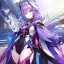 Placeholder: Clear focus,High resolution,High quality, Smiling, Purple long fluffy hair, Green eyes, Wearing a pink mech uniform, Honkai Impact Star Rail