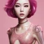 Placeholder: pink short hair leaning pose latex suit realistic body full body portrait high lighting intricate detail Asian woman