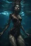 Placeholder: Underwater, girl, fullbody, darkbrown tones, lying pose, his skin turned translucent revealing a network of black veins that extended like roots beneath her epidermis, ragged clothes,night, high lighting, intricate, 8k, macro photography,