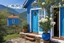 Placeholder: Blue paint house, tree with white flowers(leaves) in front, blue door, plant pots, outdoor nature, blue sky and subtle view of mountains in background