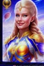 Placeholder: cosmic woman smile, admiral from the future, one fine whole face, crystalline skin, expressive blue eyes,rainbow, smiling lips, very nice smile, costume pleiadian, Beautiful tall woman pleiadian Galactic commander, ship, perfect datailed golden galactic suit, high rank, long blond hair, hand whit five perfect detailed finger, amazing big blue eyes, smilling mouth, high drfinition lips, cosmic happiness, bright colors, blue, pink, gold, jewels, realist, high commander