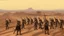 Placeholder: desert, highly detailed, comic style warriors from behind, in the background far away a city