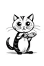 Placeholder: cartoon cat eating a fish. simple thin crisp lines. kids. black and white. no shading