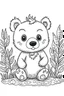 Placeholder: cute coloring page, sketch style, cute baby bear in the wood, cute cartoon, white and black, withe background, no shadows, outline.