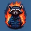 Placeholder: Evil Raccoon, burning in hell, in army, blue fire, most realistic, atmospheric, hesh, retro style, t-shirt design, detailed character, minimalist background, logotip