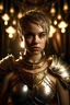 Placeholder: portrait of a beautiful young female warrior princess, short messy ashen hair, pale eyes, dressed in a revealing ornamented light plate armor, standing in a tavern, realistic, dim torch lighting, pale skin, petite, cinematic lighting, highly detailed face, very high resolution