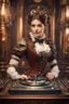 Placeholder: Front view Photography Ultra Realistic HD Natural Beauty Steampunk classic Victorian woman as dj player, chromatic aberrations, establishing shot, tilt-shift effect