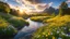 Placeholder: desktop wallpaper ,Germany,country side wavy Reine river ,wild flowers,trees ,blue sky nice clouds,golden hour