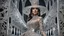 Placeholder: a hollow female figure in made of silver metal lace long renessince dress with hat, hollow metal statue, upscale, stunning, masterpiece, perfect lights, intricately detailed, sharp focus, cinematic