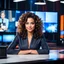 Placeholder: amodern tv studio a beautiful girl perfect face curly hair in official clothing sitting next to desk presenting news looking at camera, with picture of an old man in tv screen at background