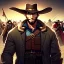 Placeholder: Portrait, Bearded, gunslinger, with short brown hair, serious blue eyes, wild west Coat