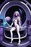 Placeholder: White woman with long purple hair, a good, athletic body, nice legs, and a large bust, dressed in a white latex mini suit and black, stay in an alien-like technological ship, black ground moon and stars