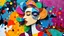 Placeholder: Inspired by frakenthaler Vibrant, abstract, whimsical, Full figure, head girl, white granite thought-provoking, balanced, funky, energetic, decorative, dramatic, surrealistic, cheerful, ornamental, handcrafted by geacometticonnection through vibrant abstraction, blending individuality and unity. Fragmented forms and bold colors symbolize emotional complexity, inviting reflection on relationships, communication, and the beauty of shared understanding. Kusuma. geometric,