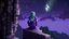 Placeholder: Minecraft Character, minecraft theme, purple starry sky, meditating, facing back, wearing gown, minecraft style, in between two cliffs,