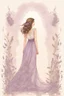 Placeholder: an illustration of a Beautiful woman stands gracefully in an elegant, flowing lavender dress adorned with delicate floral patterns and lace. The backdrop behind her transitions from cream at the bottom to soft hues of lavender at the top, creating a whimsical and almost magical atmosphere. To her right, a piece of lined paper appears, as if torn from a notebook. The borders of this paper are embellished with beautiful flowers, by Ryohei Hase, Agnes Cecile, Raymond Swanland, Anne Bachelier