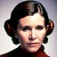 Placeholder: extrem realistic analog style photography of carrie fisher by Annie Leibovitz, soft ethereal skin, symmetrical short hairstyle,studio lighting, sharp brown eyes, dark plain background