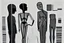 Placeholder: monochrome, cardboard figure on the left of the picture, stocky human figure with a head tilted to the left, almost no neck, no face or hair, schematic drawing, against a dark grey background with a symmetrical pattern, a lighter grey, almost monochrome, in moonlight, crayon drawing in shades of grey and black, ethereal, cinematic postprocessing