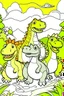 Placeholder: Create an adorable and simple full-body illustration of a group of friendly dinosaurs playing together in a prehistoric landscape. Ensure the dinosaurs have cheerful expressions and are engaging in activities that children would enjoy coloring. Think of vibrant colors and a joyful atmosphere to make it appealing for kids.