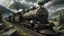 Placeholder: hyperrealistic antique locomotive railroad in the mountains, beautiful landscape, cloudy, super hyperdetailed