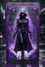 Placeholder: sacred geometry framed playing card, black and purple dancer thief in soaked rain coat shadows boss card in the style of Giger and fallout 4 ,,bokeh like f/0.8, tilt-shift lens 8k, high detail, smooth render, down-light, unreal engine