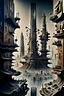 Placeholder: a stunningly weird image of a futuristic metropolis using Salvador Dali's paranoiac-critical method, where buildings and structures appear to melt into the skyline cityscape is filled with floating mad, twisted sharp metal shapes that interact with the buildings and each other, forming a surreal tableau of a dreamlike reality. neu-steampunk vibe, essence of the scene in a cinematic manner, with dramatic shadows that enhance the distorted perspectives and bizarre