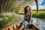 Placeholder: shot from front ,green field and wild flower field ,beautiful face girl in pretty dress curly hair sitting in a boat in water toward camera in trees next to wavy river with clear water and nice sands in floor.camera capture from her full body front, spring blosom walking to camera ,wild flowers moving in the wind ,blue sky,moving pretty clouds ,joy full face.