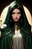 Placeholder: dungeons & dragons; digital art; portrait; female; cleric; golden eyes; black hair; arabian nose; arabian traits; young woman; robes; long veil; soft clothes; dark green and gold robes; robes with armor; cleric of eldath; dandelions; good; traveling;