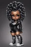 Placeholder: create an airbrush illustration of a chibi cartoon voluptuous black female wearing a black and silver outfit with timberland boots. Prominent make up with hazel eyes. Extremely highly detailed of a long wavy ombre bantu knots. Background of a bike show