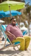 Placeholder: full figure shot photography of a serious ugly burly strong chubby marocan 35 years old, sells colored pareos on a crowded beach, sitting on a beach chair, sunligh, photorealistic, 35mm lens, side light, ambient occlusion