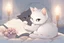 Placeholder: cute chibi cat mother reads a fairytale book to his baby kitten in a bed, flower tapestry, in a bedroom in candlelight, S<AI, watercolor and black ink outlines, soft, shading strokes, light pastel colors, ethereal, cinematic postprocessing, bokeh, dof