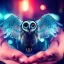 Placeholder: spanish, realistic rendering owl stamding on woman a hand, metal beak, red eyes, complex circuits on eyes, bombed city background, luminescent lights, blade runner, cimematic, michael mann movie