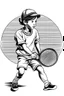 Placeholder: A black and white image of a classic tennis player KIDS performing a backhand swing on a grass court. Style: Vintage Photography, Mood: Timeless and Skillful, Lighting: Sunlight with soft shadows, T-shirt design graphic, vector, contour, white background.