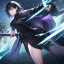 Placeholder: Clear focus,High resolution, Black short fluffy hair, and purple eyes, wearing a black outfit, must wear a short skirt, holding a glowing katana, fighting stance