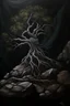 Placeholder: Acrylic painting of a twisted tree growing from a round rock, roots twisted around the rock and hanging below, cantered image, lots of negative space around, dark background, muted colours, minimalistic