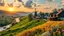 Placeholder: a lady dancing to camera in village over high grassy hills,a small fall and river and wild flowers at river sides, trees houses ,next to Ripe wheat ready for harvest farm,windmill ,a pretty train is arriving to station along river,a few village local shops ,cloudy sun set sky