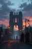 Placeholder: A street in Vallaki in the late evening with in the distance one large guard and two smaller guards. A fantasy RPG style image.