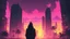 Placeholder: Yellow pink bright colors and. French animation arcane style. Hot summer in the dark gloomy cyberpunk city with skyscrapers and palm trees. A guy in the black hoody alone in the street in front of sky in the sunrise