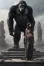 Placeholder: Aji Danajiu black hair, wearing superhuman clothes, standing on top of a pedestal in a post-apocalyptic wasteland next to Caeser, the king of the apes